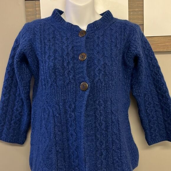 Carraigdonn Made in Ireland Blue Fit Flare Cable Knit Merino Wool Cardigan-Small - Picture 4 of 13